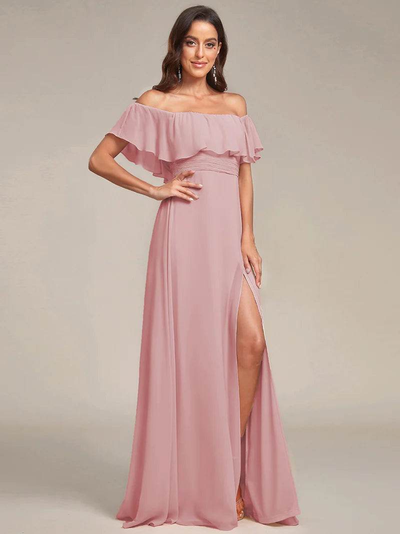Off-the-Shoulder Bridesmaid Dress – Ruffled with Thigh Split - Biamonde