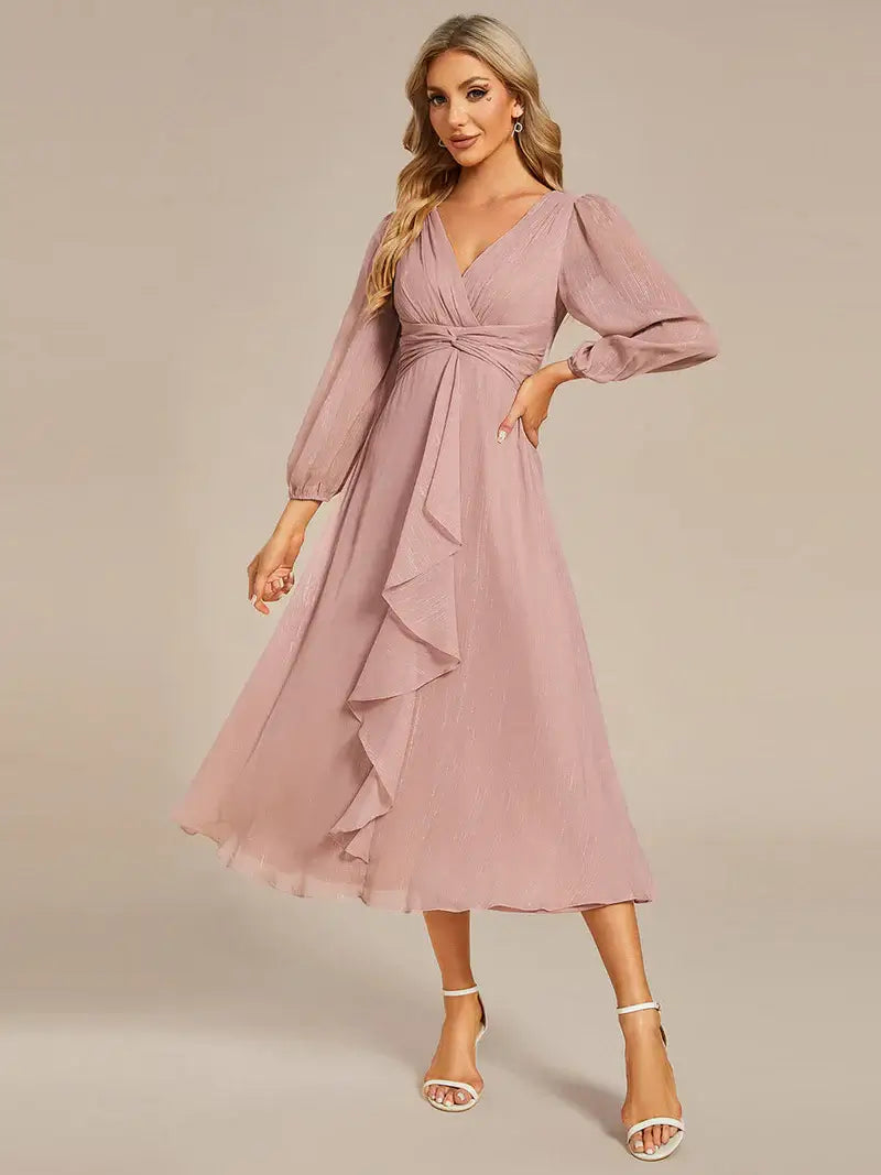Dusty rose elegant shiny chiffon wedding guest dress with long sleeves and flowing silhouette