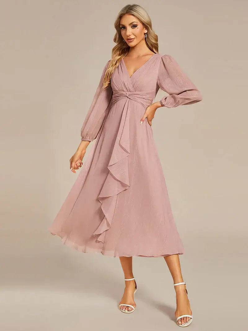 Shiny Chiffon Wedding Guest Dress with Long Sleeves – Elegant & Flowy - Biamonde