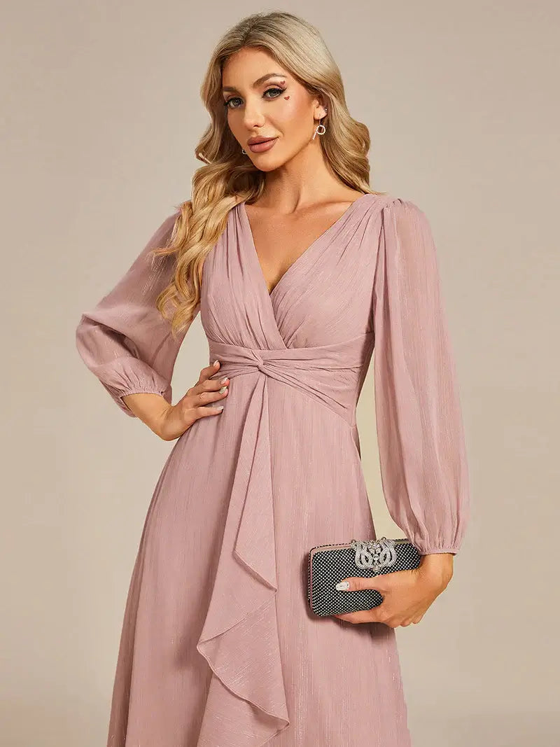 Dusty rose elegant shiny chiffon wedding guest dress with long sleeves and flowing silhouette