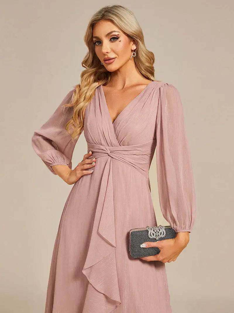Shiny Chiffon Wedding Guest Dress with Long Sleeves – Elegant & Flowy - Biamonde