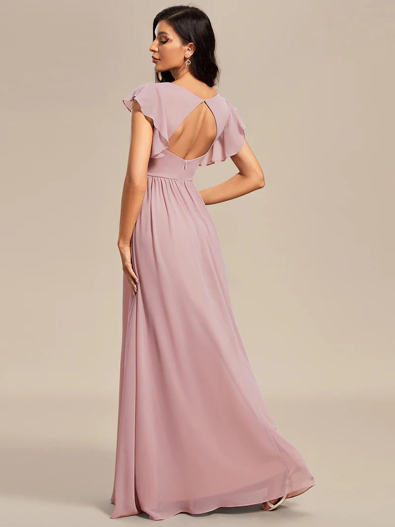 Dusty Rose Elegant V-neck bridesmaid dress with pleats, ruffle details, and a waist belt