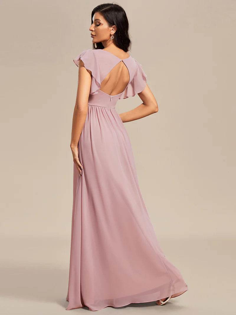 V-Neck Pleated Bridesmaid Dress with Ruffles and Waist Belt – Elegant A-Line Gown - Biamonde