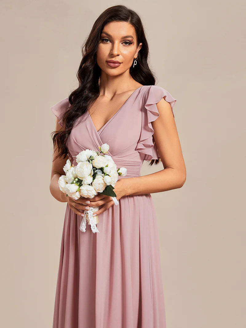Dusty Rose Elegant V-neck bridesmaid dress with pleats, ruffle details, and a waist belt