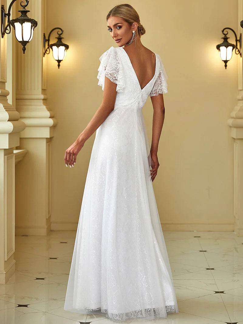 Elegant Double V-Neck Floor-Length White Dress with Short Sleeves – Formal & Evening Style - Biamonde
