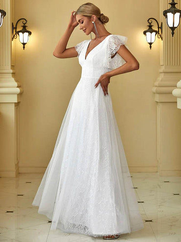 Elegant Double V-Neck Floor-Length White Dress with Short Sleeves – Formal & Evening Style - Biamonde