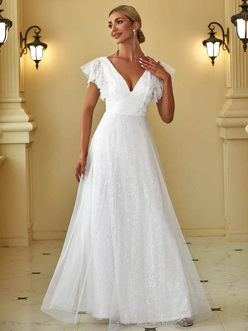 Elegant Double V-Neck Floor-Length White Dress with Short Sleeves – Formal & Evening Style - Biamonde
