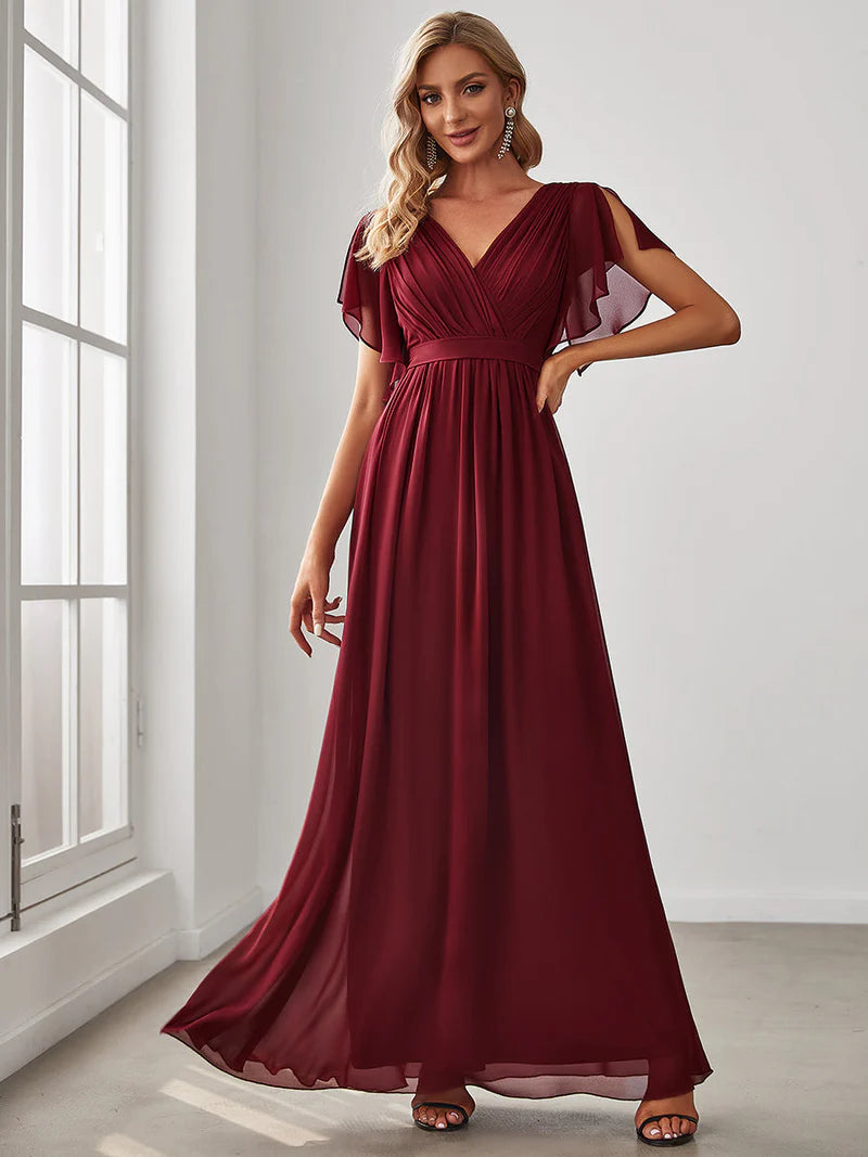 Elegant A-line bridesmaid burgundy dress with deep V-neckline and fluttery ruffle sleeves