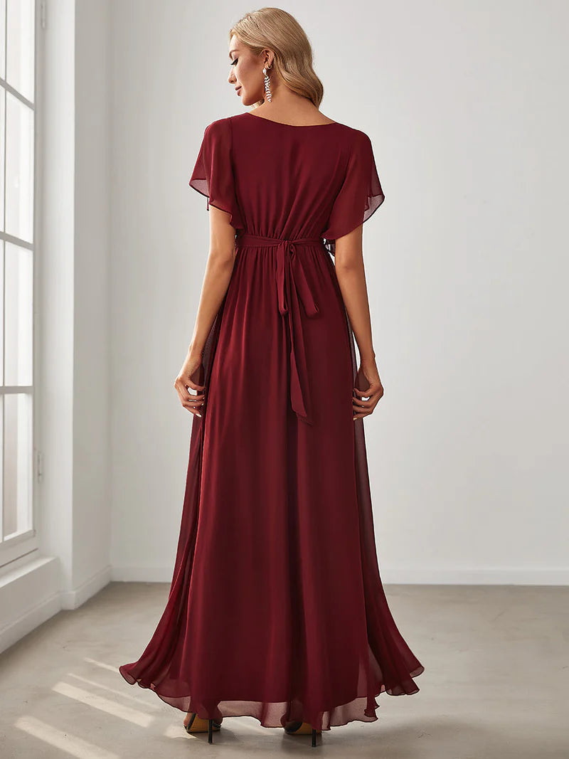 Elegant A-line bridesmaid burgundy dress with deep V-neckline and fluttery ruffle sleeves