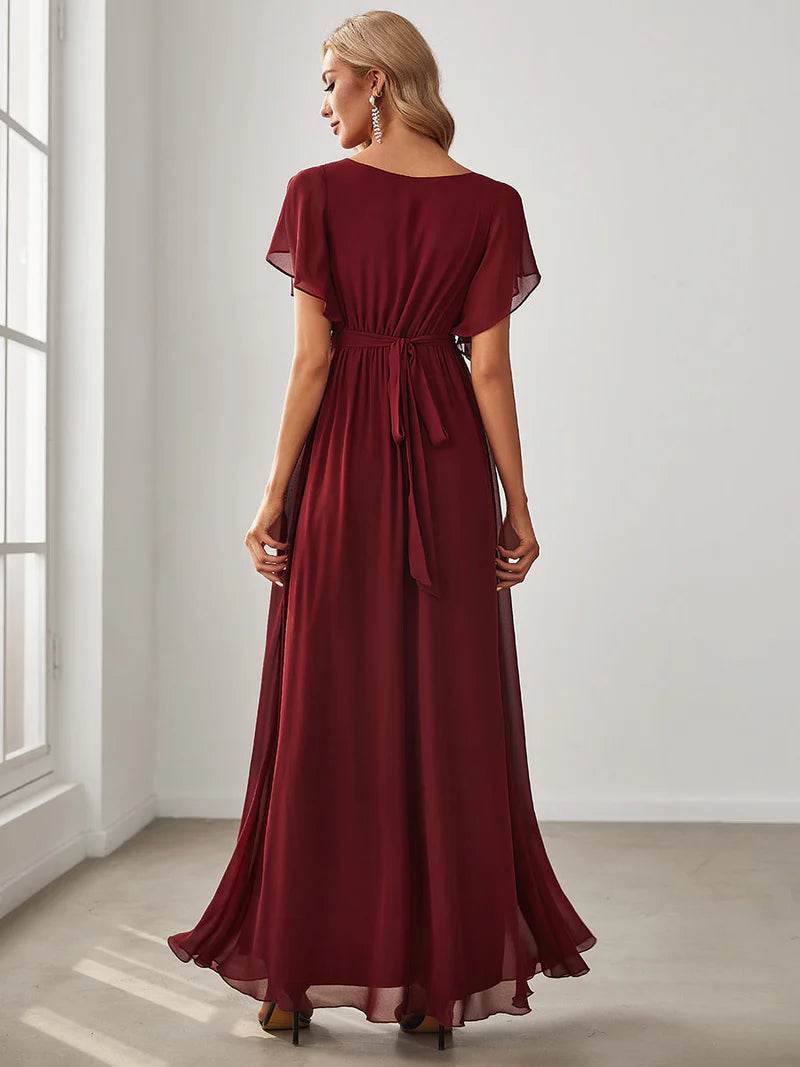 Elegant A-Line Bridesmaid Dress with Deep V-Neck and Ruffle Sleeves - Biamonde