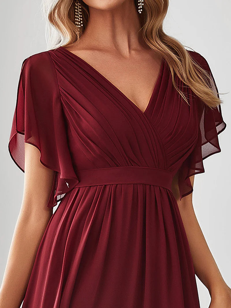Elegant A-line bridesmaid burgundy dress with deep V-neckline and fluttery ruffle sleeves