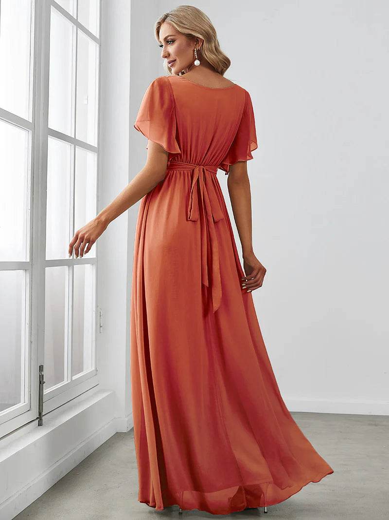 Elegant A-Line Bridesmaid Dress with Deep V-Neck and Ruffle Sleeves - Biamonde