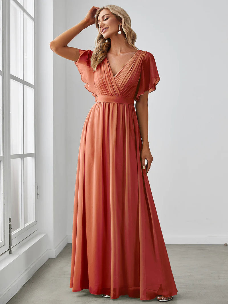 Elegant A-line bridesmaid burnt orange dress with deep V-neckline and fluttery ruffle sleeves