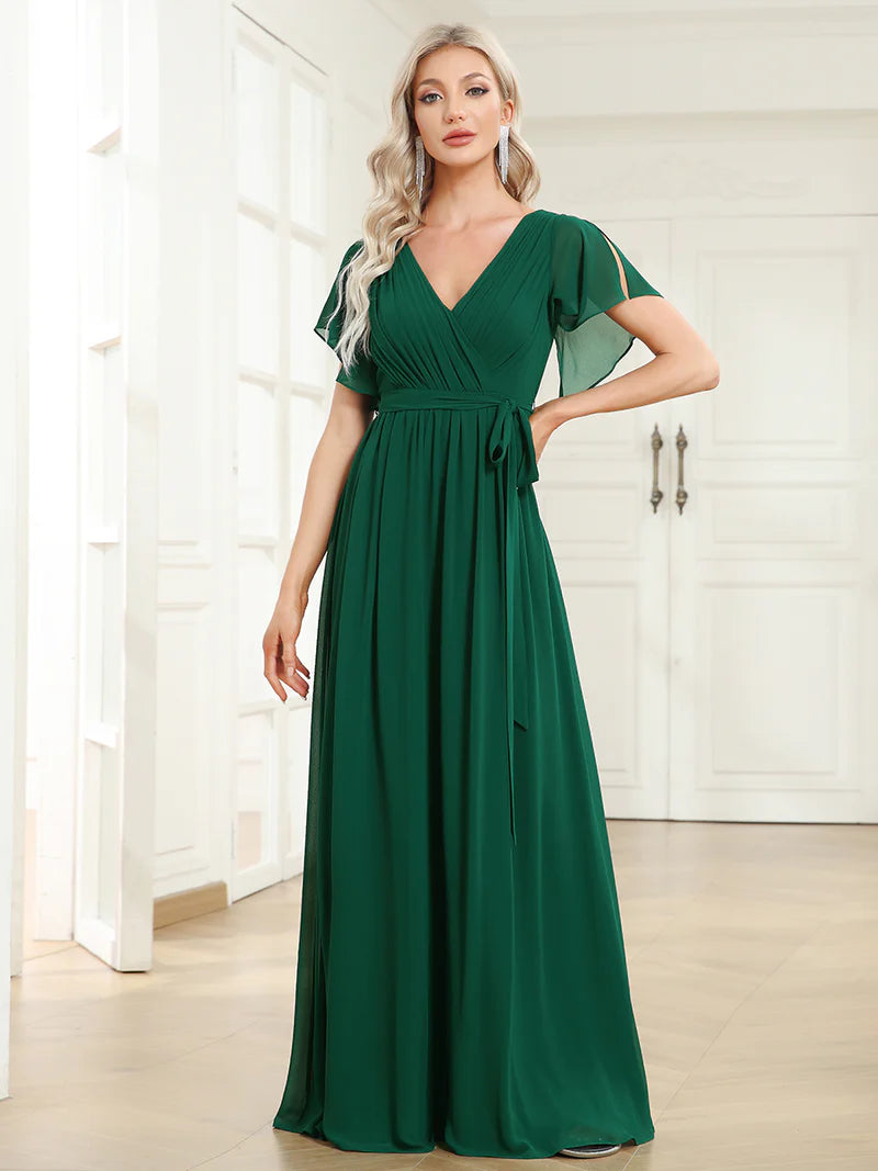Elegant A-line bridesmaid dark green dress with deep V-neckline and fluttery ruffle sleeves