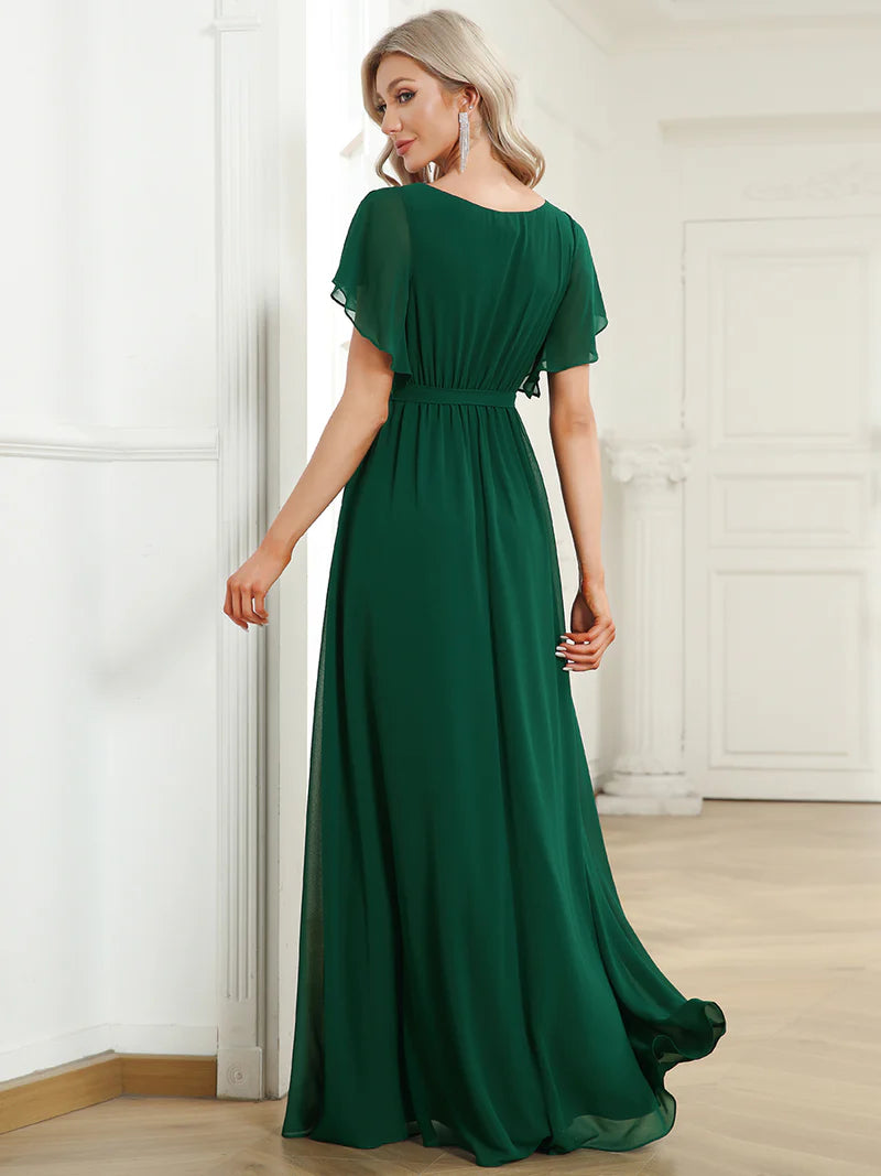 Elegant A-line bridesmaid dark green dress with deep V-neckline and fluttery ruffle sleeves