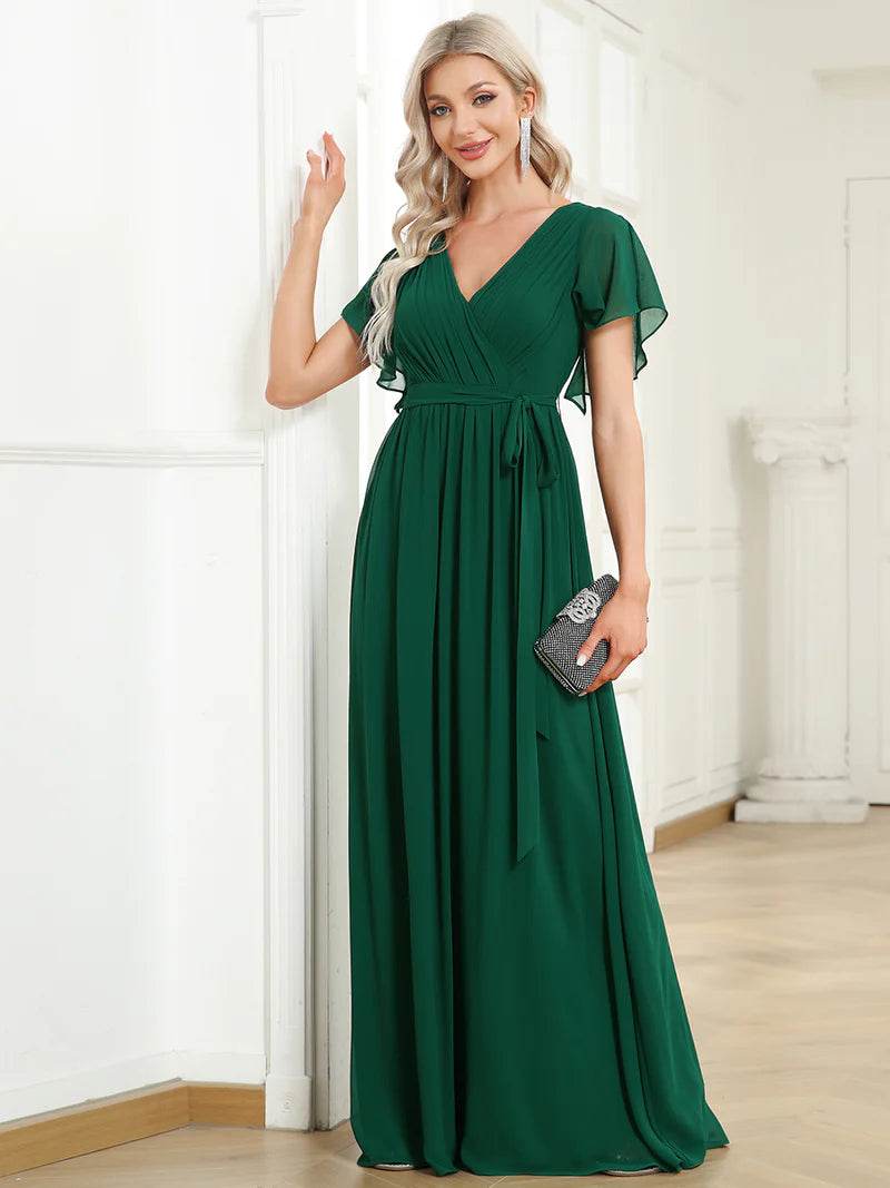 Elegant A-Line Bridesmaid Dress with Deep V-Neck and Ruffle Sleeves - Biamonde