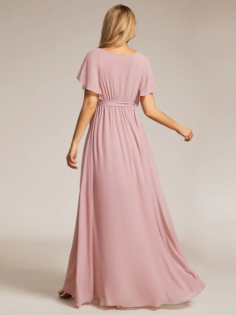 Elegant A-line bridesmaid dusty rose dress with deep V-neckline and fluttery ruffle sleeves