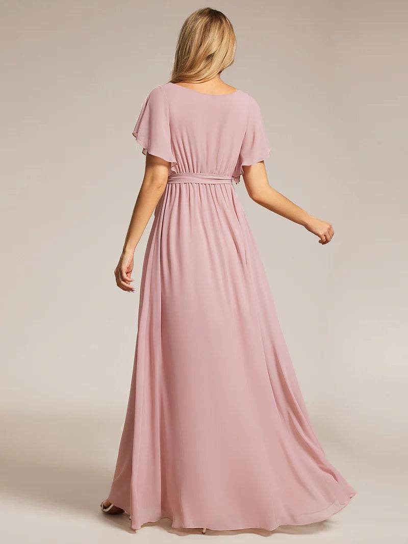 Elegant A-Line Bridesmaid Dress with Deep V-Neck and Ruffle Sleeves - Biamonde