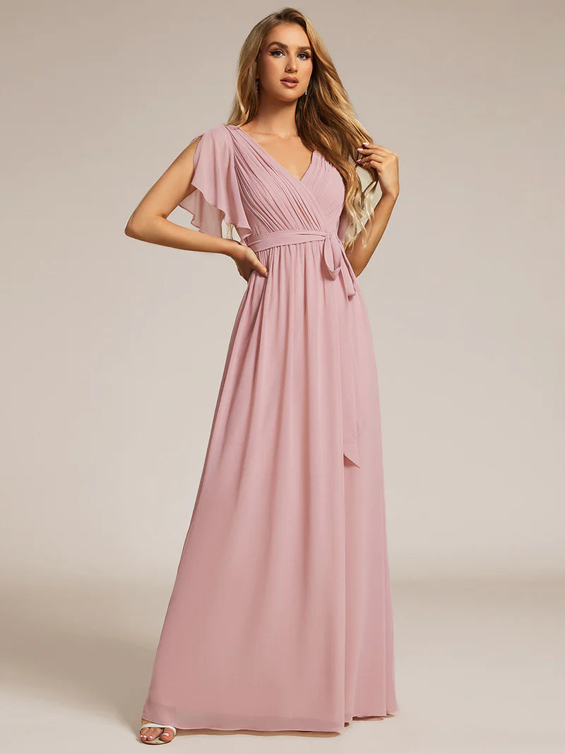 Elegant A-line bridesmaid dusty rose dress with deep V-neckline and fluttery ruffle sleeves