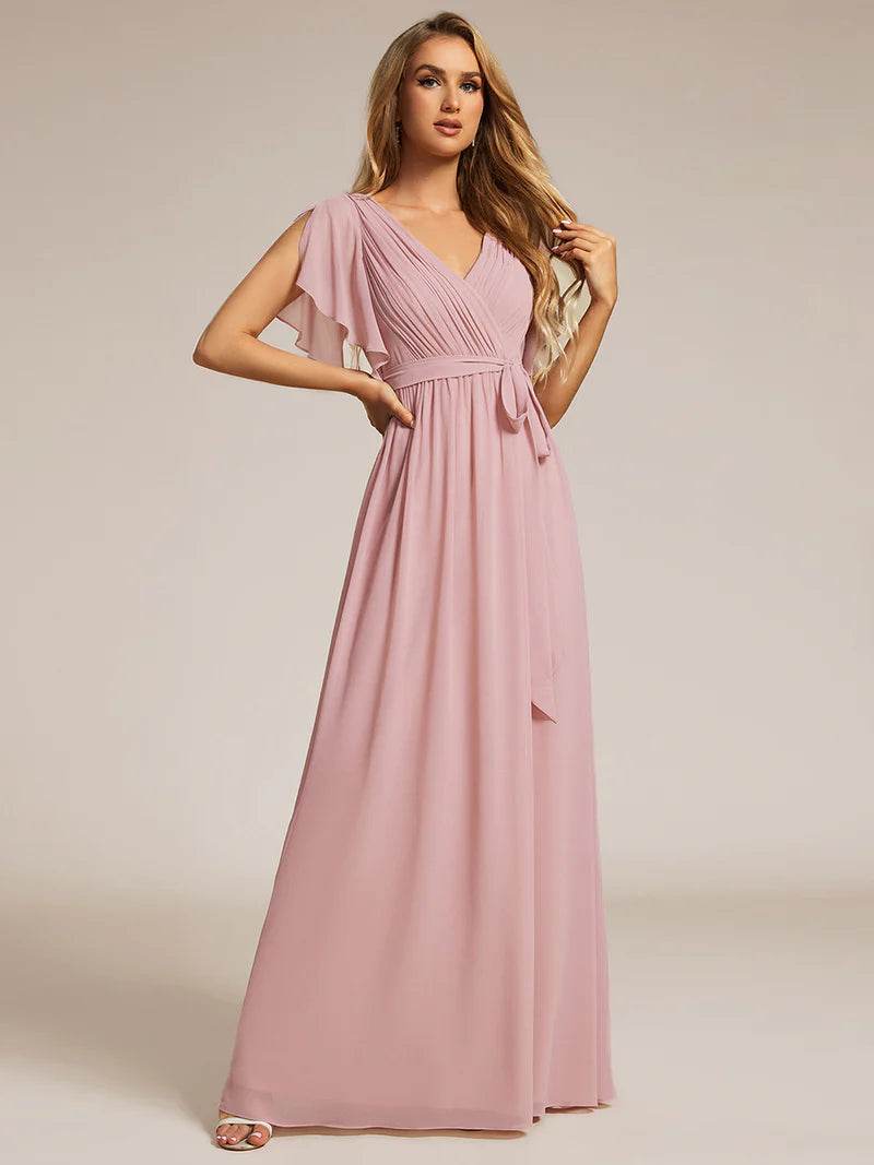 Elegant A-Line Bridesmaid Dress with Deep V-Neck and Ruffle Sleeves - Biamonde