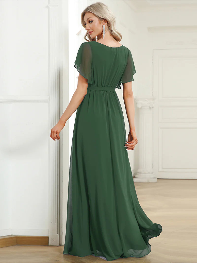 Elegant A-line bridesmaid eucalyptus dress with deep V-neckline and fluttery ruffle sleeves