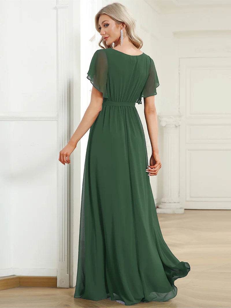 Elegant A-Line Bridesmaid Dress with Deep V-Neck and Ruffle Sleeves - Biamonde