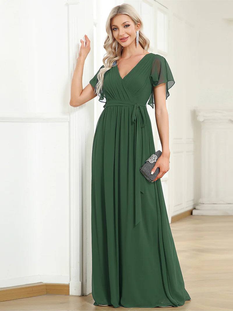 Elegant A-line bridesmaid eucalyptus dress with deep V-neckline and fluttery ruffle sleeves