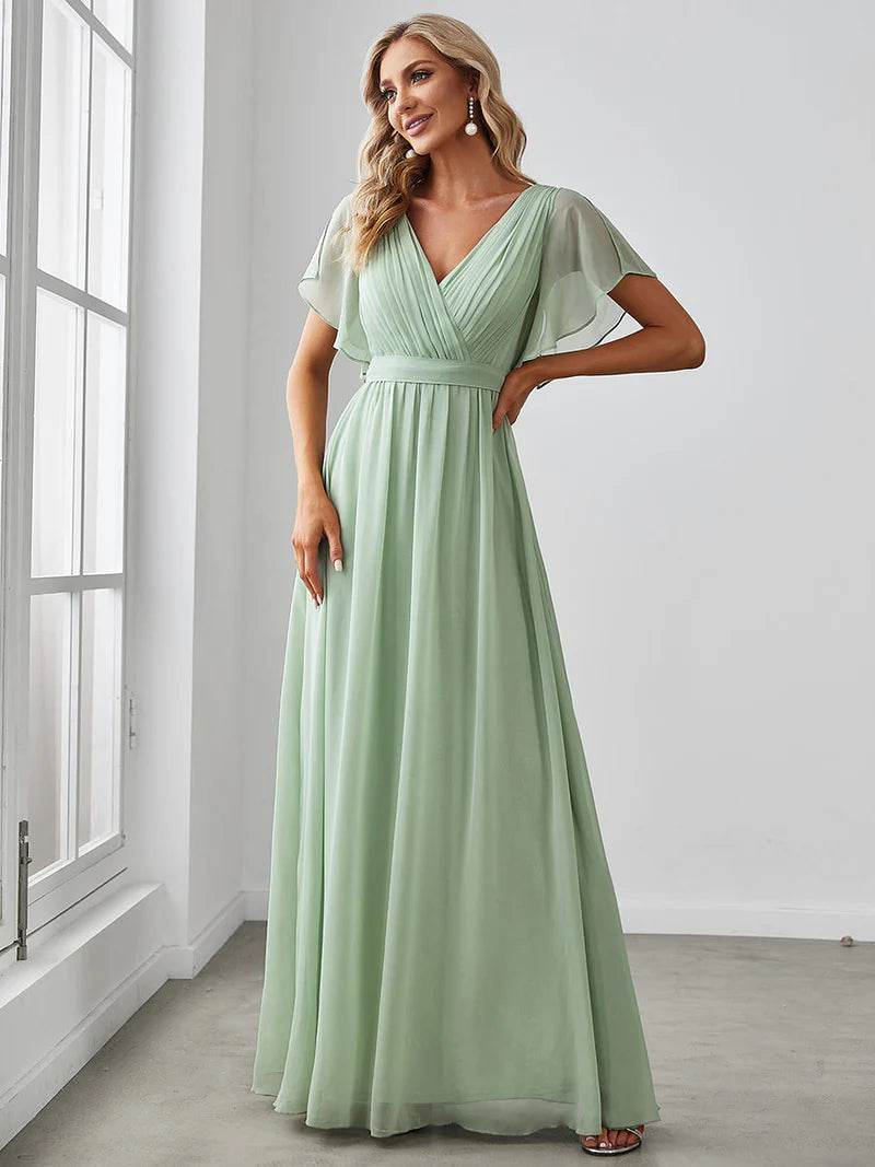Elegant A-Line Bridesmaid Dress with Deep V-Neck and Ruffle Sleeves - Biamonde