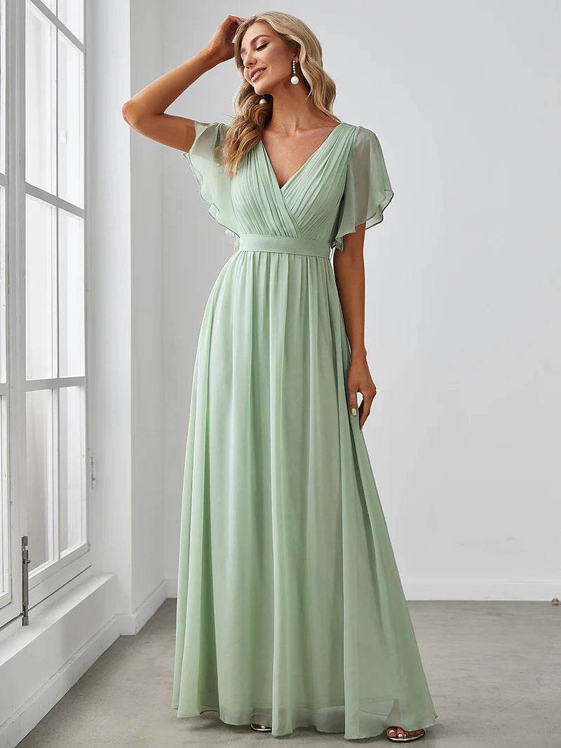 Elegant A-Line Bridesmaid Dress with Deep V-Neck and Ruffle Sleeves - Biamonde