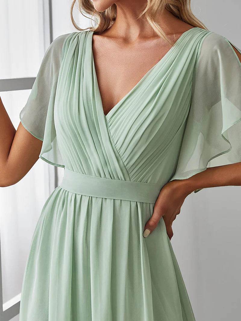 Elegant A-Line Bridesmaid Dress with Deep V-Neck and Ruffle Sleeves - Biamonde