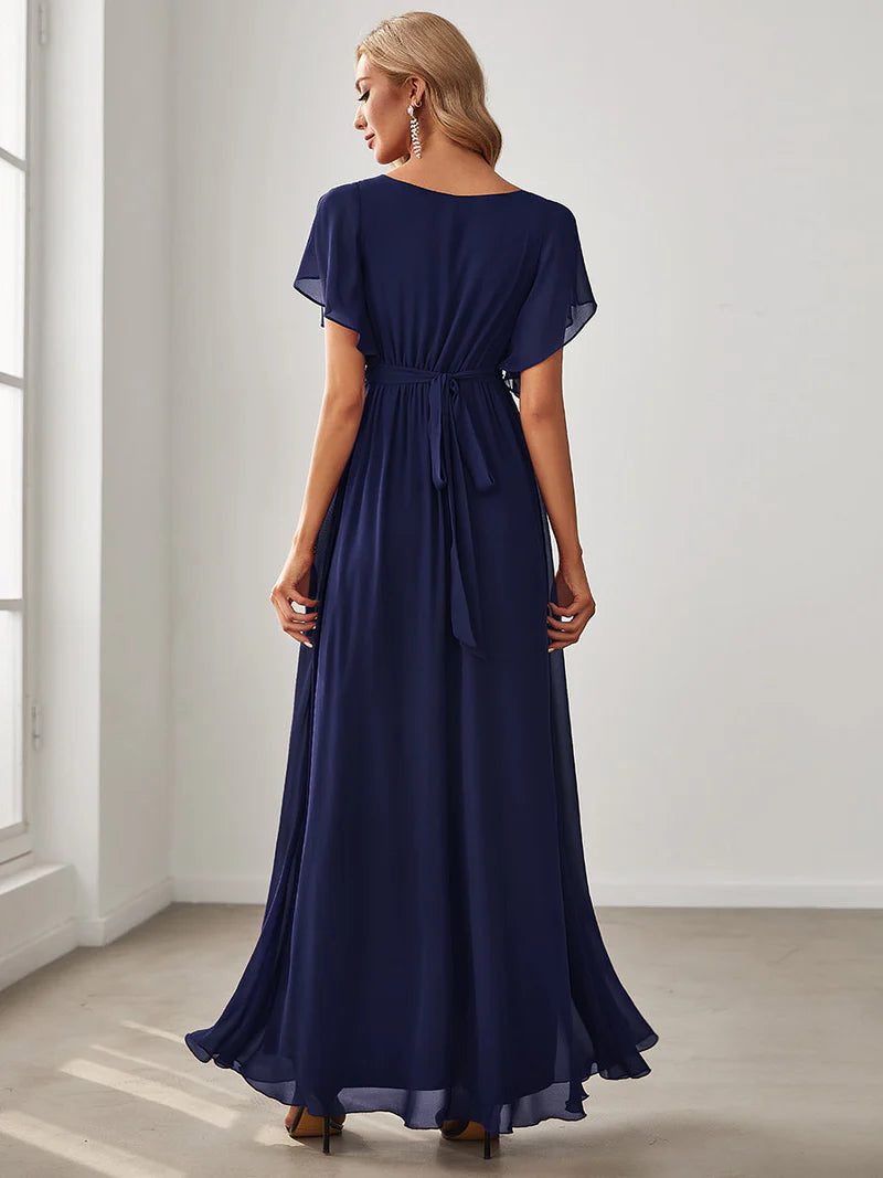 Elegant A-line bridesmaid navy blue dress with deep V-neckline and fluttery ruffle sleeves