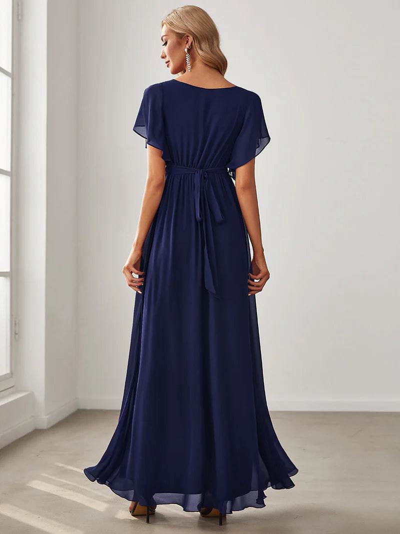 Elegant A-Line Bridesmaid Dress with Deep V-Neck and Ruffle Sleeves - Biamonde