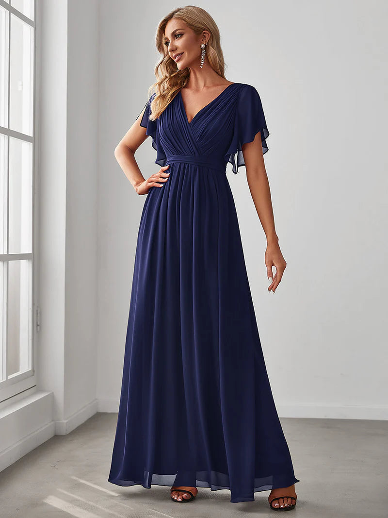 Elegant A-line bridesmaid navy blue dress with deep V-neckline and fluttery ruffle sleeves