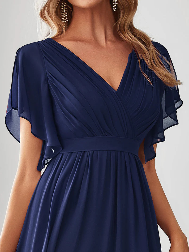 Elegant A-line bridesmaid navy blue dress with deep V-neckline and fluttery ruffle sleeves