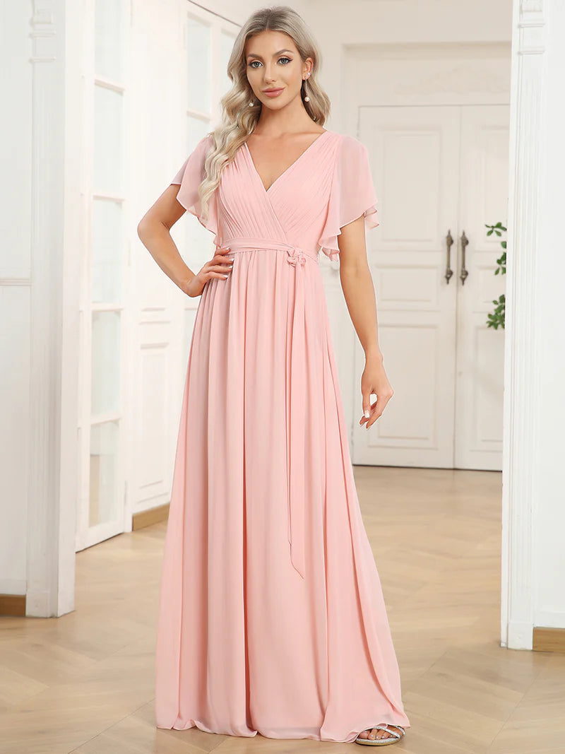 Elegant A-line bridesmaid pink dress with deep V-neckline and fluttery ruffle sleeves