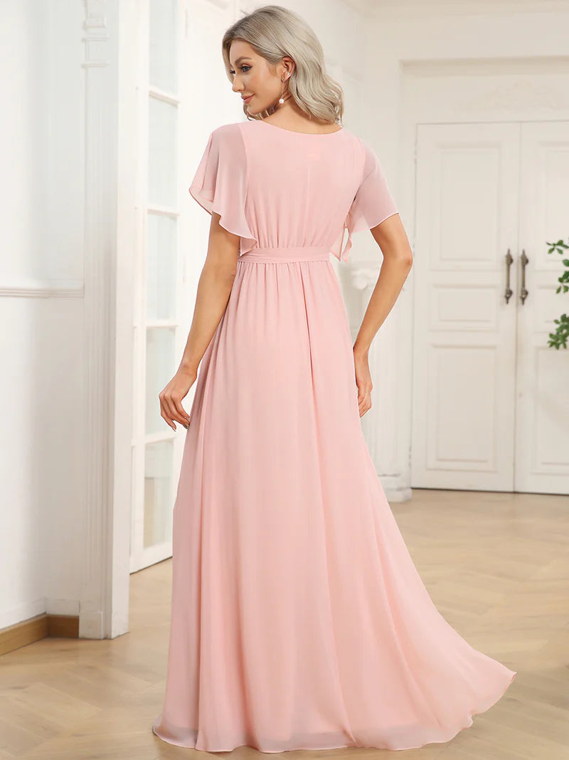 Elegant A-line bridesmaid pink dress with deep V-neckline and fluttery ruffle sleeves