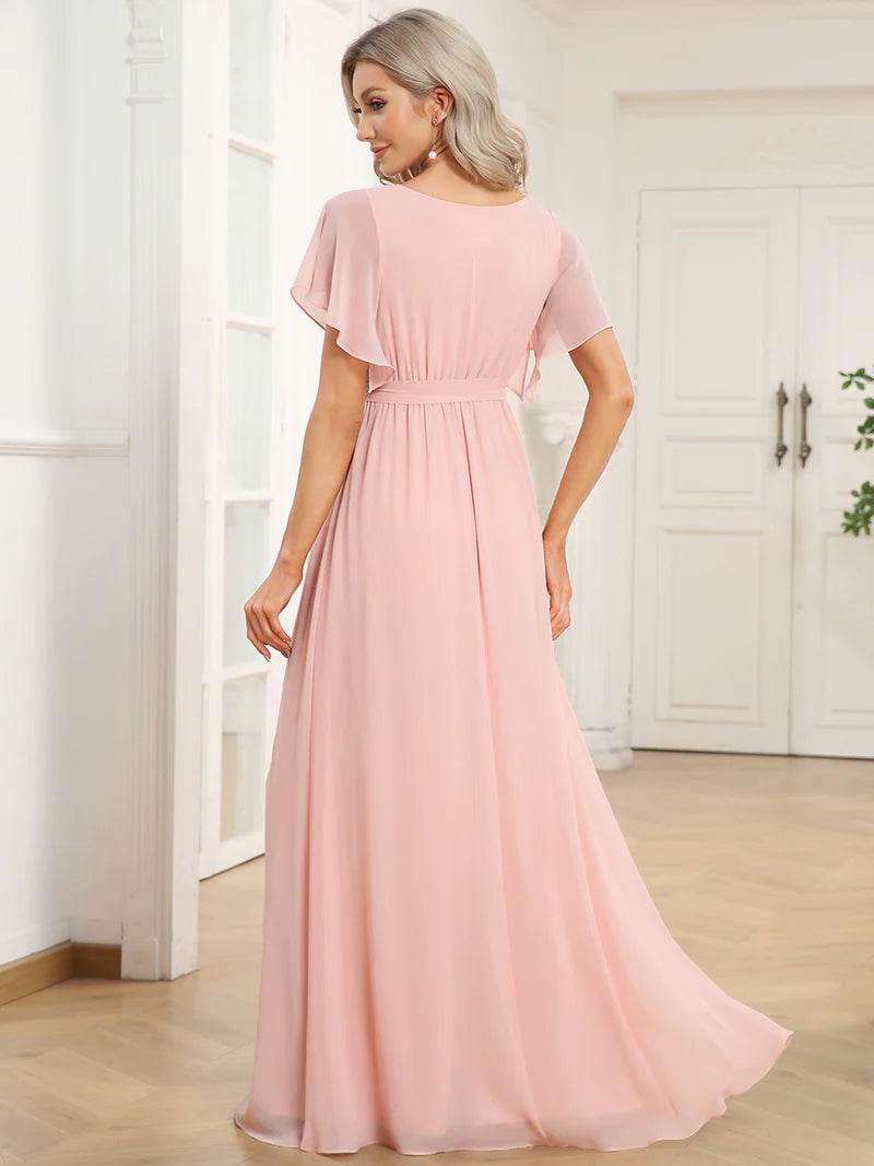 Elegant A-Line Bridesmaid Dress with Deep V-Neck and Ruffle Sleeves - Biamonde