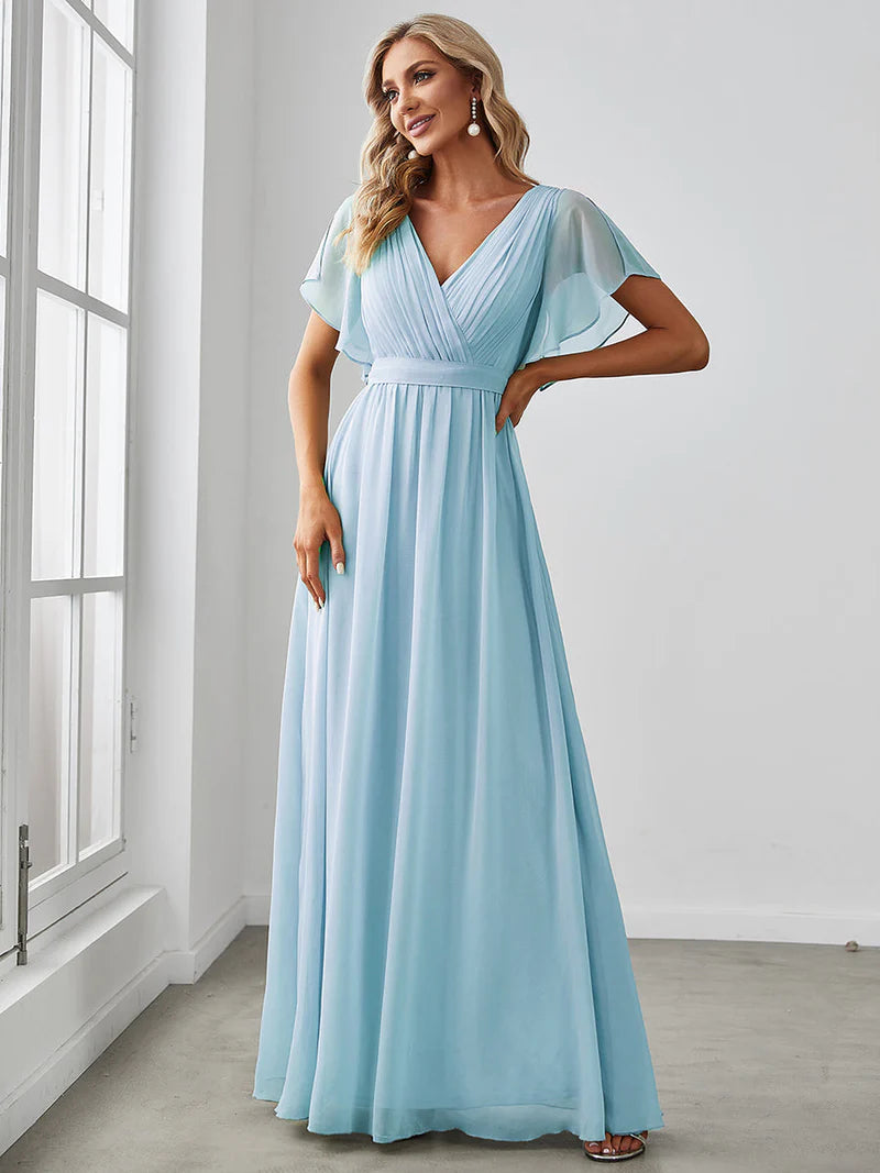 Elegant A-line bridesmaid sky blue dress with deep V-neckline and fluttery ruffle sleeves