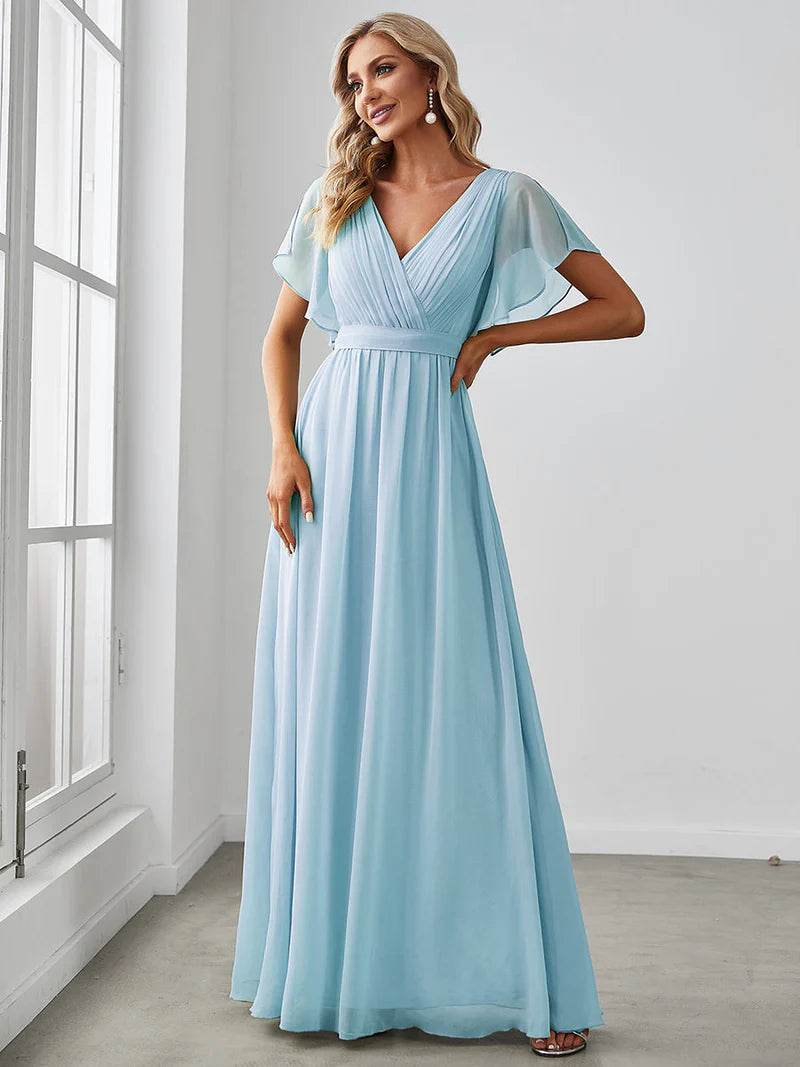 Elegant A-Line Bridesmaid Dress with Deep V-Neck and Ruffle Sleeves - Biamonde
