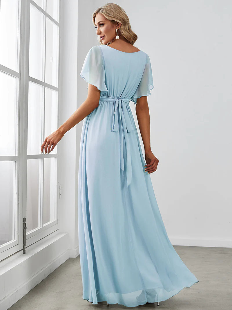 Elegant A-line bridesmaid sky orange blue with deep V-neckline and fluttery ruffle sleeves