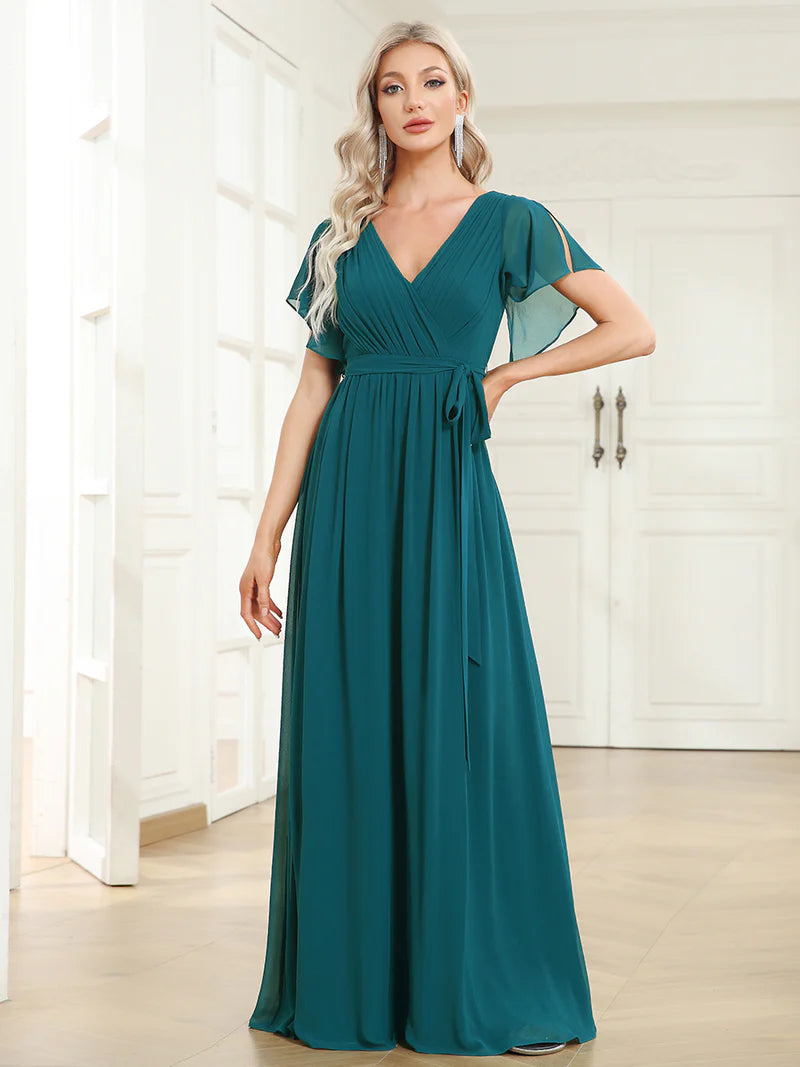 Elegant A-line bridesmaid teal dress with deep V-neckline and fluttery ruffle sleeves