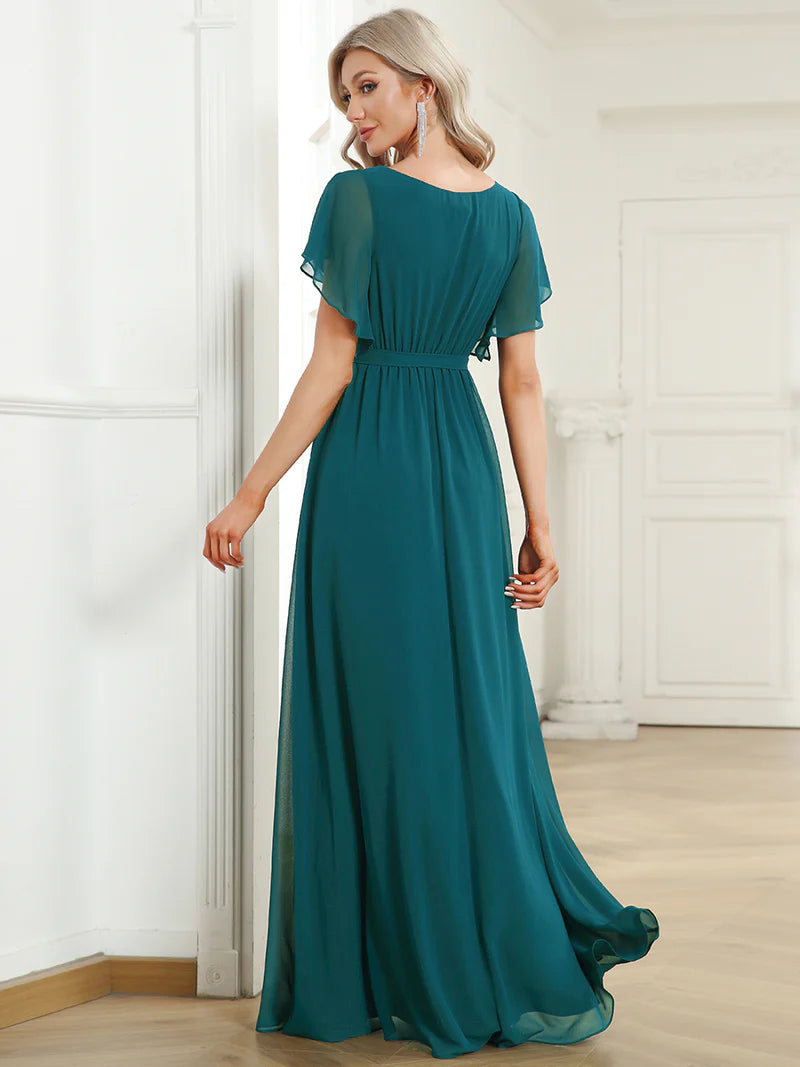 Elegant A-line bridesmaid teal dress with deep V-neckline and fluttery ruffle sleeves