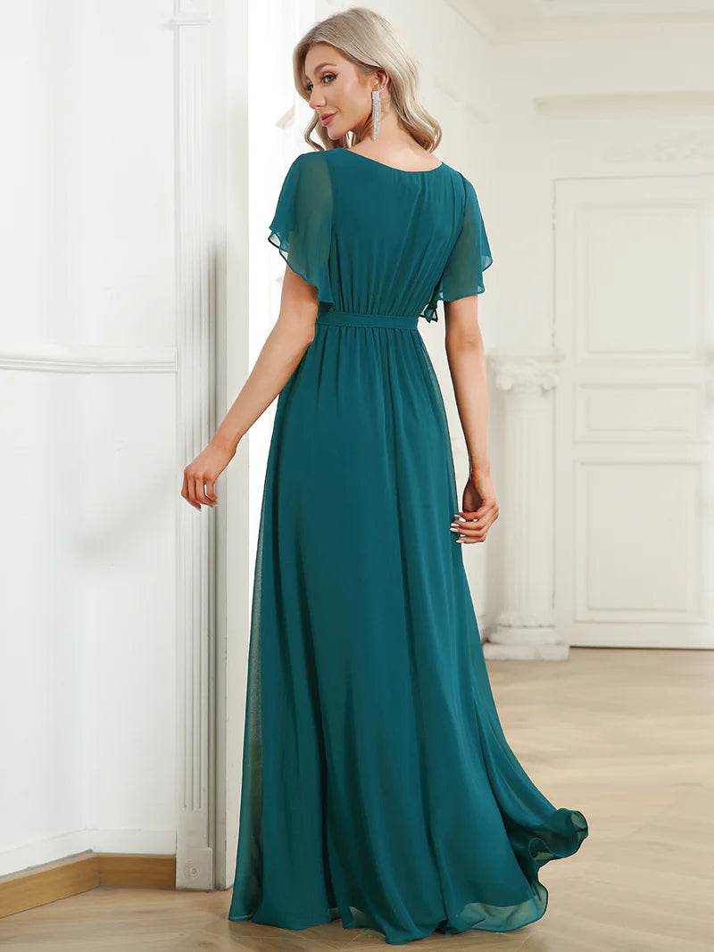 Elegant A-Line Bridesmaid Dress with Deep V-Neck and Ruffle Sleeves - Biamonde