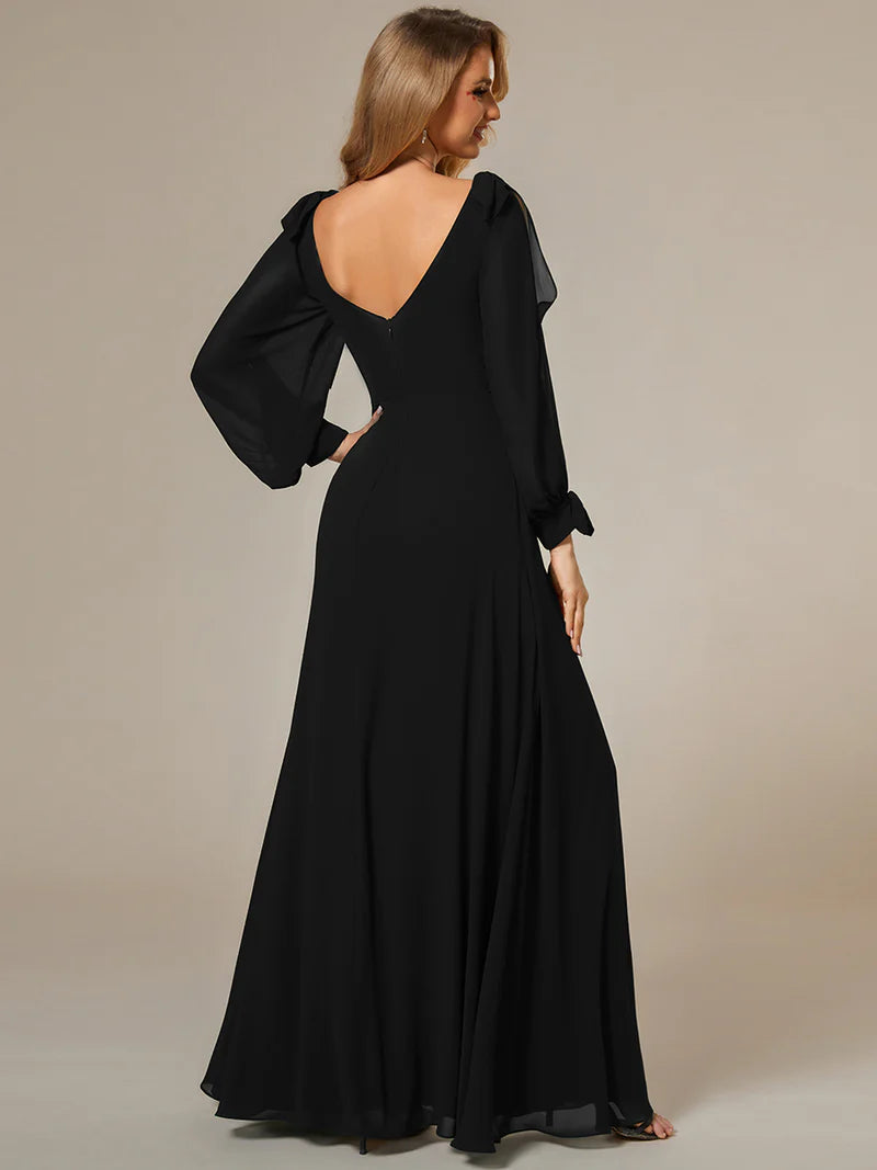 Elegant A-line bridesmaid blak dress with V-neckline and long lantern sleeves