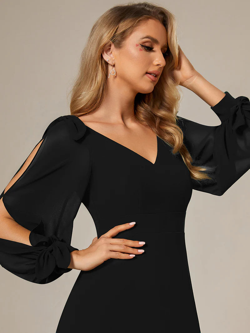 Elegant A-line bridesmaid blak dress with V-neckline and long lantern sleeves