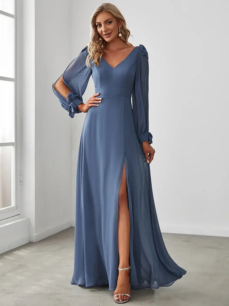 Elegant A-line bridesmaid dusty blue dress with V-neckline and long lantern sleeves