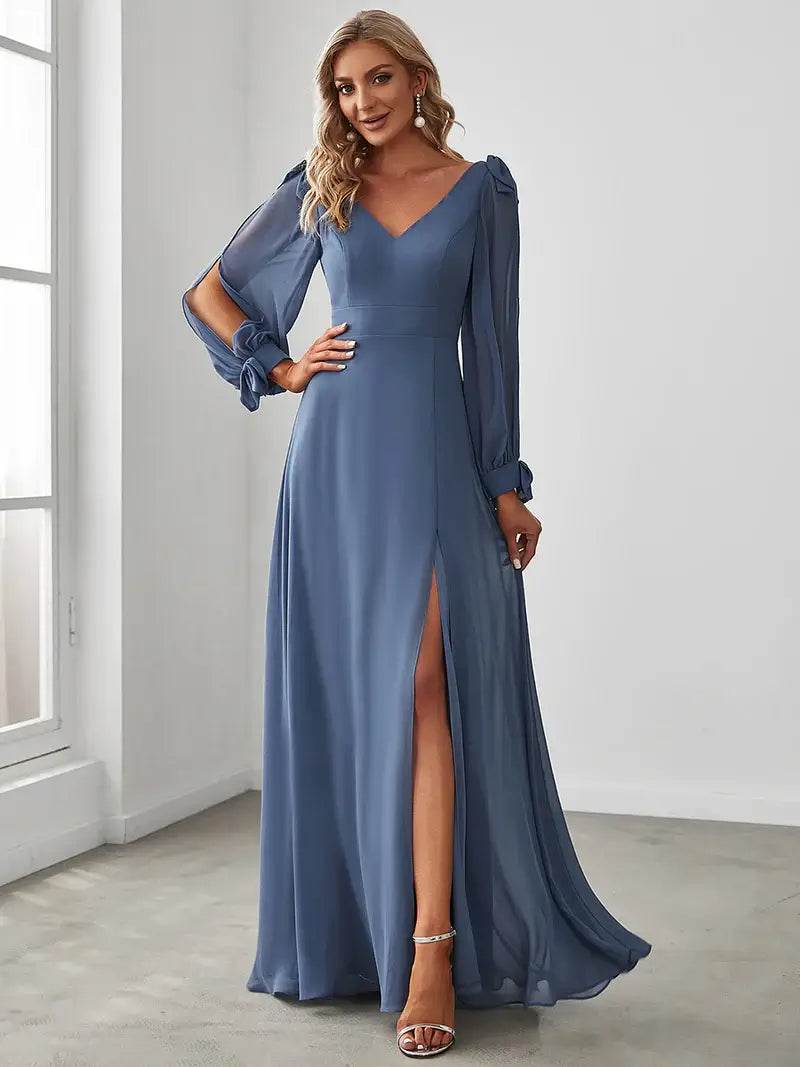 Elegant A-Line Bridesmaid Dress with V-Neck and Long Lantern Sleeves - Biamonde