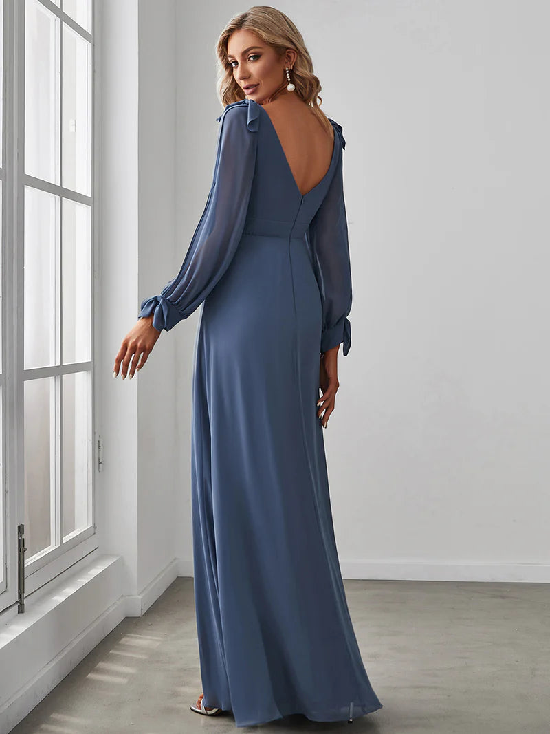 Elegant A-line bridesmaid dusty blue dress with V-neckline and long lantern sleeves
