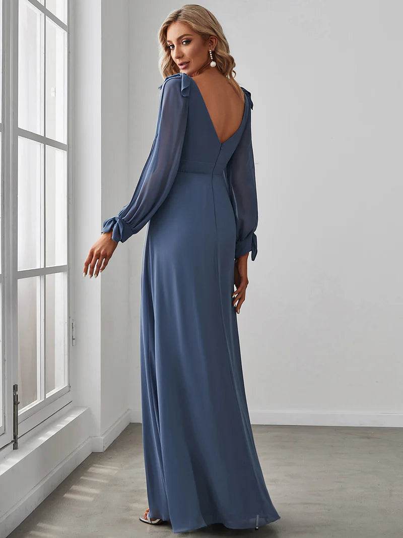 Elegant A-Line Bridesmaid Dress with V-Neck and Long Lantern Sleeves - Biamonde