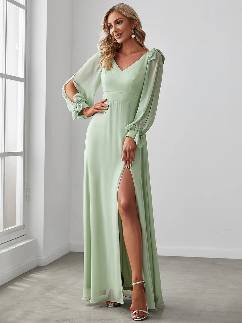 Elegant A-line bridesmaid mint green dress with V-neckline and long lantern sleeves
